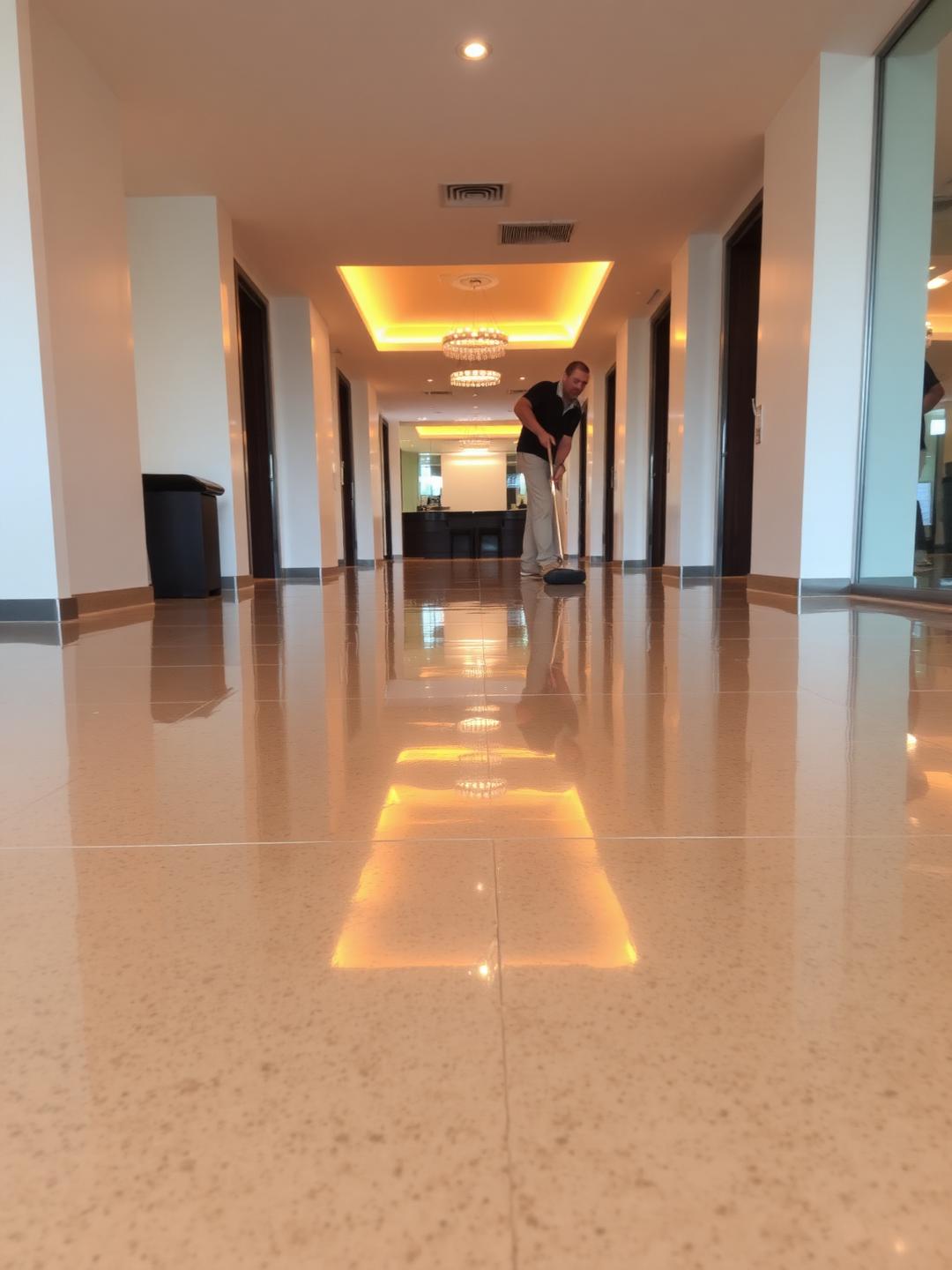 Freshly buffed commercial floor reflecting warm overhead light