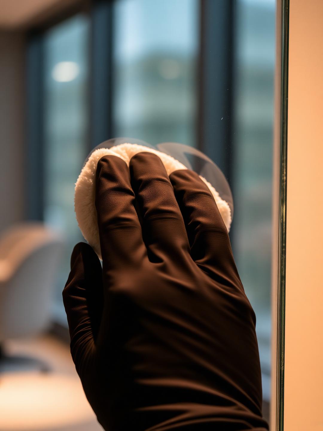 Gloved hand polishing office glass to a streak-free shine